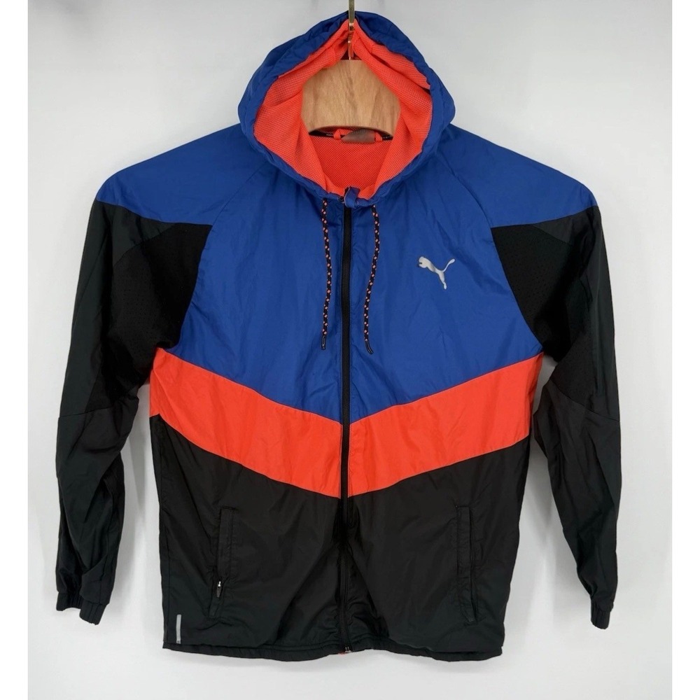 Puma Training Mens Windbreaker Jacket Blue Orange Black Colorblock Hooded Size M - Picture 2 of 7